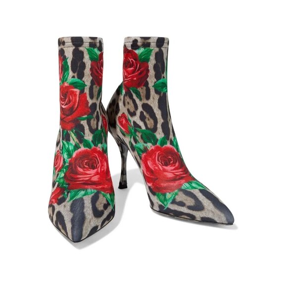 NIB $1195 Dolce & Gabbana Leopard Rose Print Stretch Boots Size 10 - Picture 2 of 9
